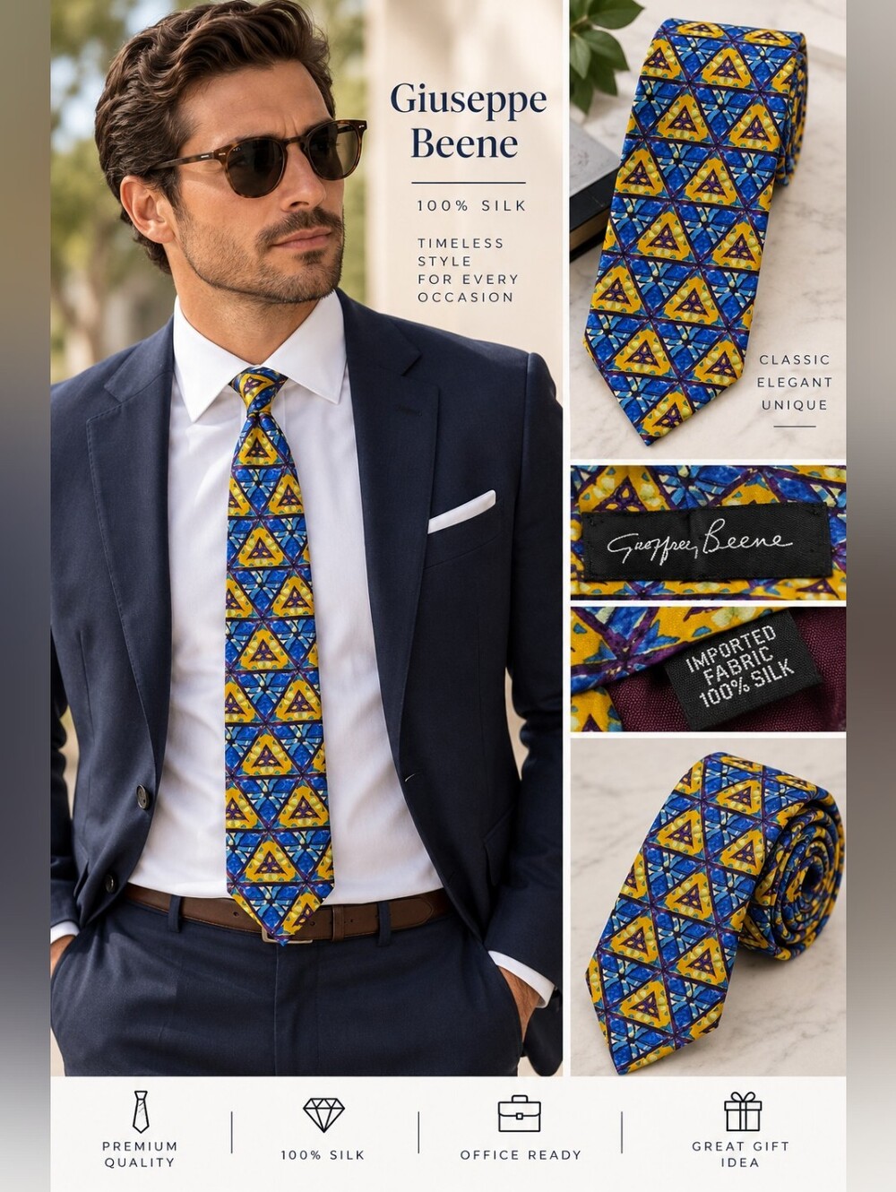 Geoffrey Beene 100% Silk Geometric Print Men’s Tie Blue Yellow Purple